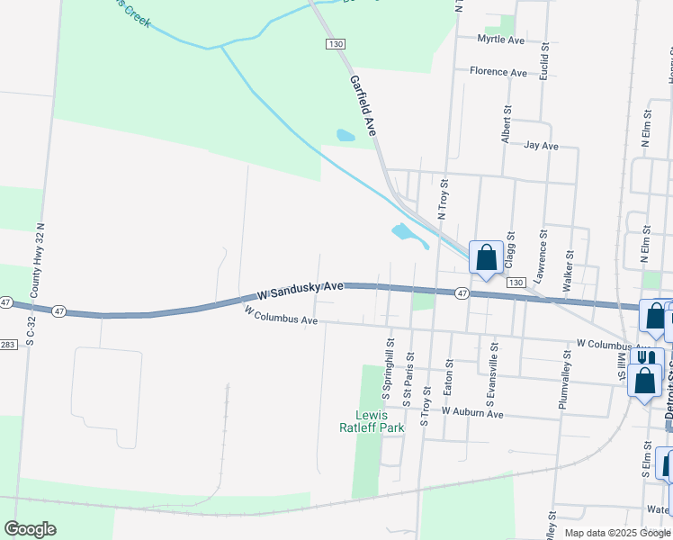 map of restaurants, bars, coffee shops, grocery stores, and more near 1199 West Sandusky Avenue in Bellefontaine