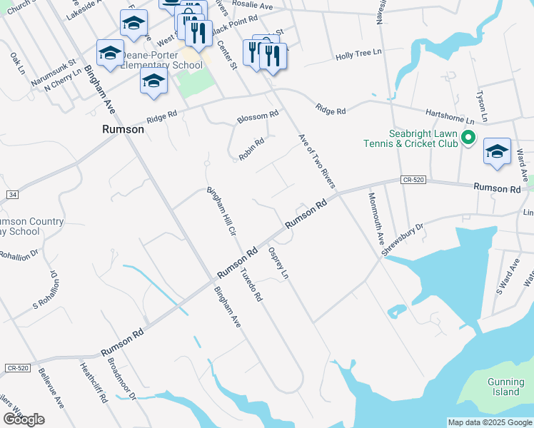 map of restaurants, bars, coffee shops, grocery stores, and more near 86 Rumson Road in Rumson