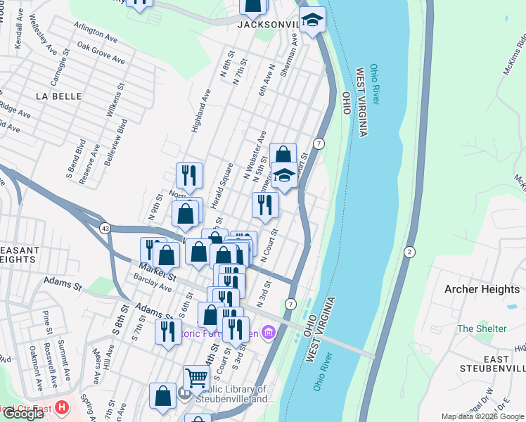 map of restaurants, bars, coffee shops, grocery stores, and more near 315-399 North Street in Steubenville