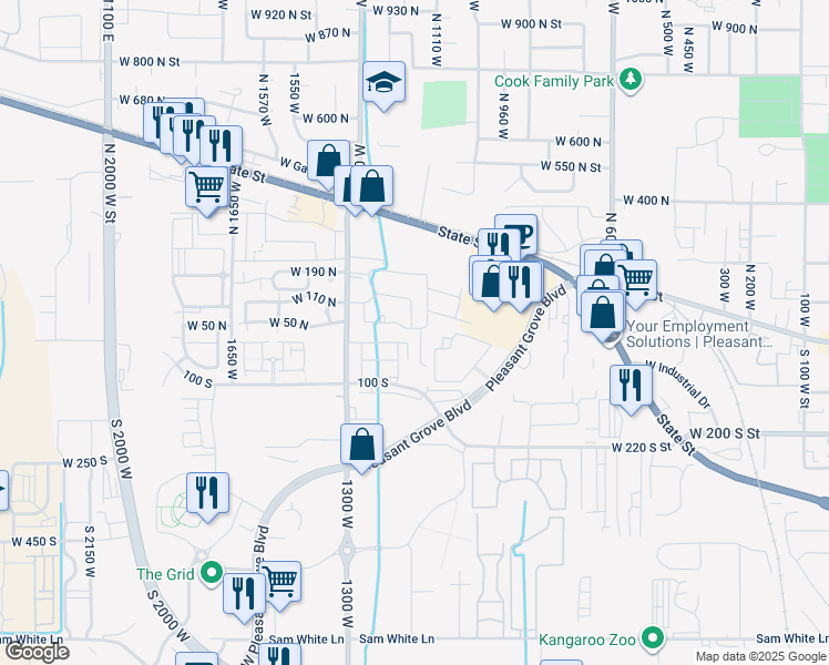 map of restaurants, bars, coffee shops, grocery stores, and more near 24 Clayton Court in Pleasant Grove