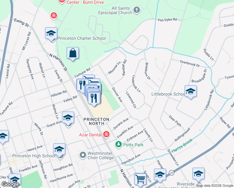 map of restaurants, bars, coffee shops, grocery stores, and more near Grover Avenue in Princeton