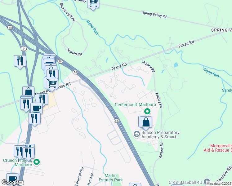 map of restaurants, bars, coffee shops, grocery stores, and more near 351 Yorkshire Place in Marlboro Township