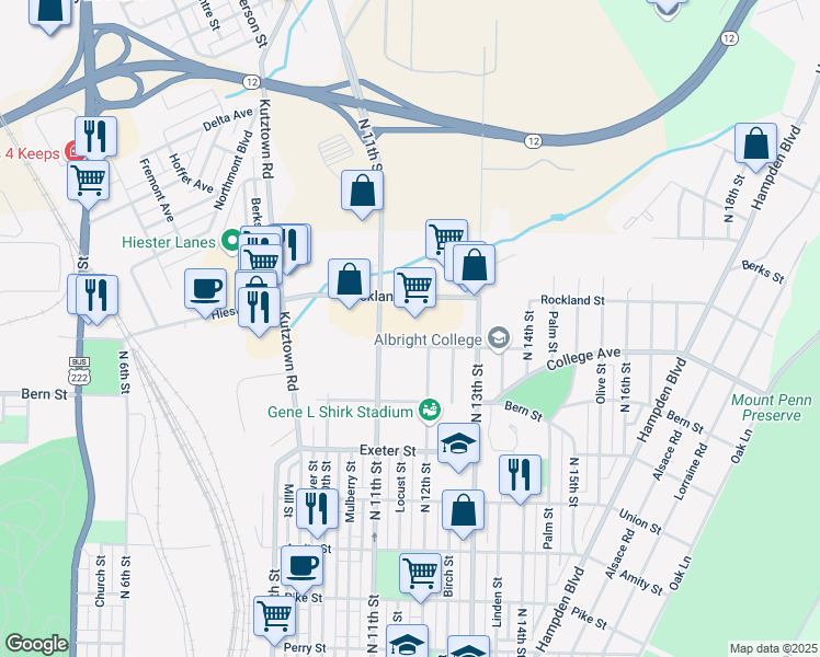 map of restaurants, bars, coffee shops, grocery stores, and more near 1130 Rockland Street in Reading