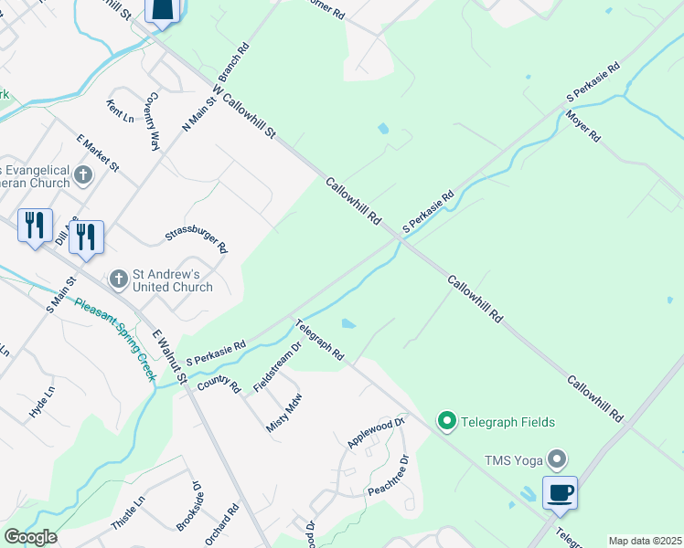 map of restaurants, bars, coffee shops, grocery stores, and more near 246 Pennland Farm Drive in Perkasie
