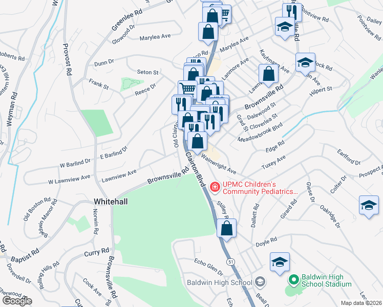 map of restaurants, bars, coffee shops, grocery stores, and more near 4230 Brownsville Road in Pittsburgh