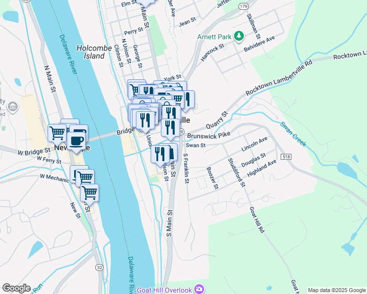 map of restaurants, bars, coffee shops, grocery stores, and more near 1 Brunswick Avenue in Lambertville