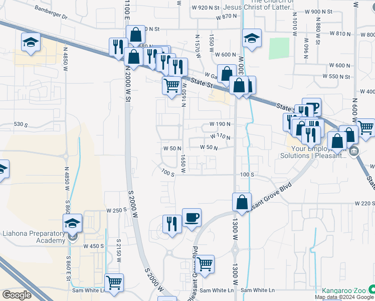 map of restaurants, bars, coffee shops, grocery stores, and more near 1593 West 110 North in Pleasant Grove