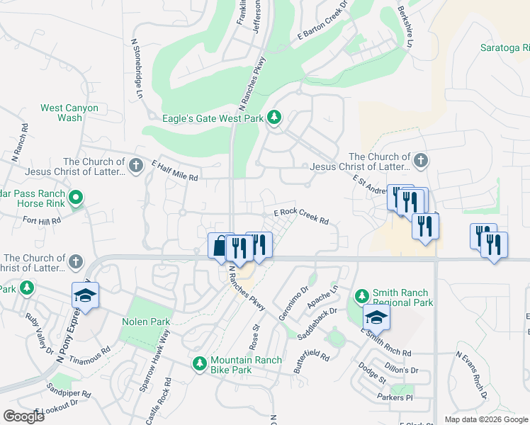 map of restaurants, bars, coffee shops, grocery stores, and more near 3579 Rock Creek Road in Eagle Mountain