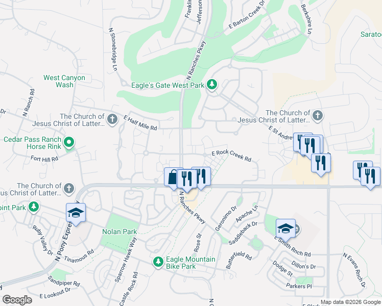 map of restaurants, bars, coffee shops, grocery stores, and more near 3579 Rock Creek Road in Eagle Mountain
