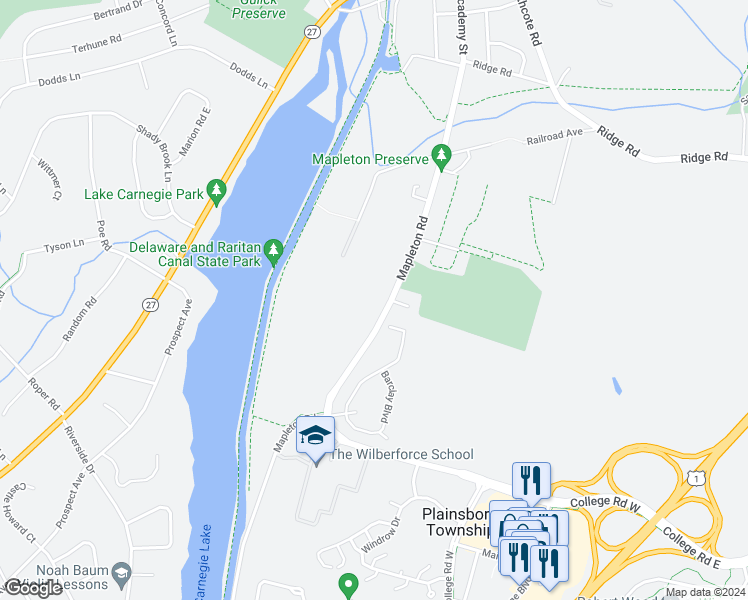 map of restaurants, bars, coffee shops, grocery stores, and more near 5 Mapleton Road in Princeton