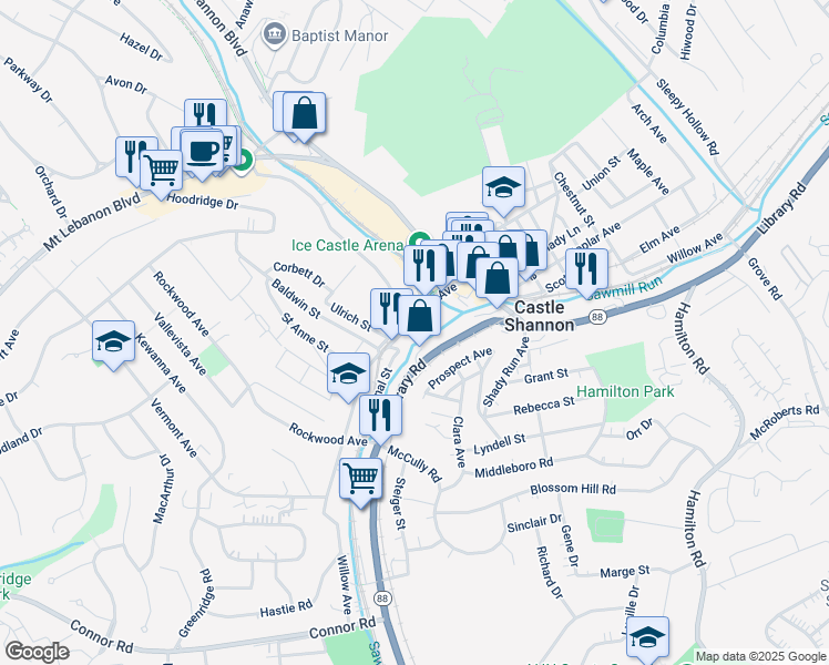 map of restaurants, bars, coffee shops, grocery stores, and more near in Castle Shannon