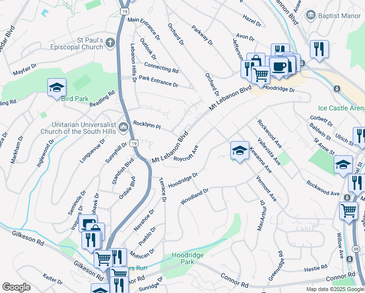 map of restaurants, bars, coffee shops, grocery stores, and more near 79 Mount Lebanon Boulevard in Pittsburgh