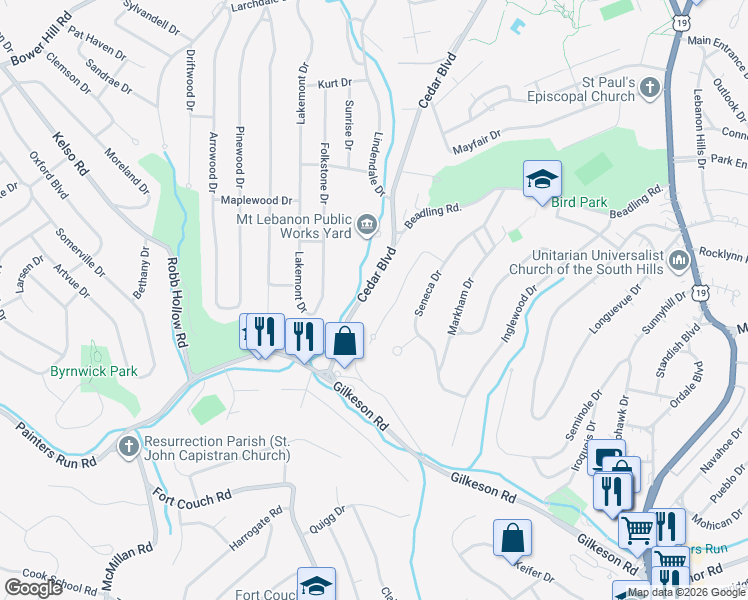 map of restaurants, bars, coffee shops, grocery stores, and more near 1269 Cedar Boulevard in Pittsburgh