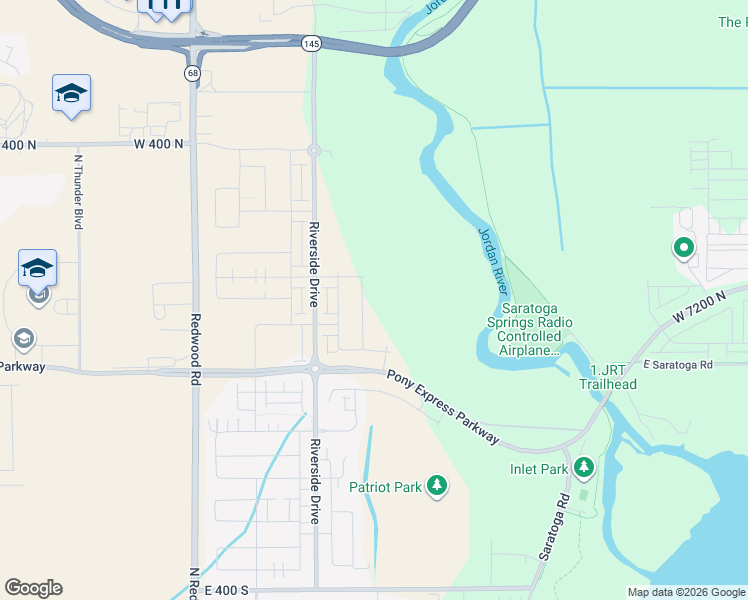 map of restaurants, bars, coffee shops, grocery stores, and more near Jordan River Trail in Lehi