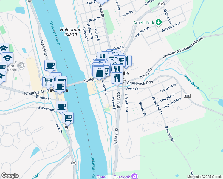 map of restaurants, bars, coffee shops, grocery stores, and more near 38 Swan Street in Lambertville