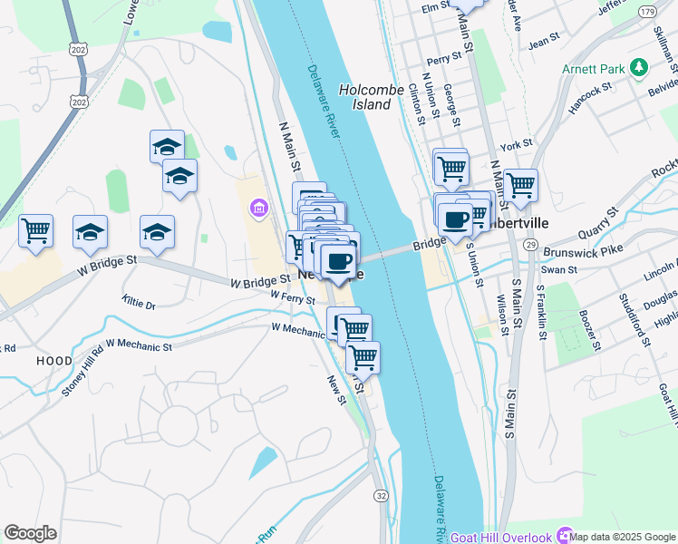 map of restaurants, bars, coffee shops, grocery stores, and more near 15 East Bridge Street in New Hope