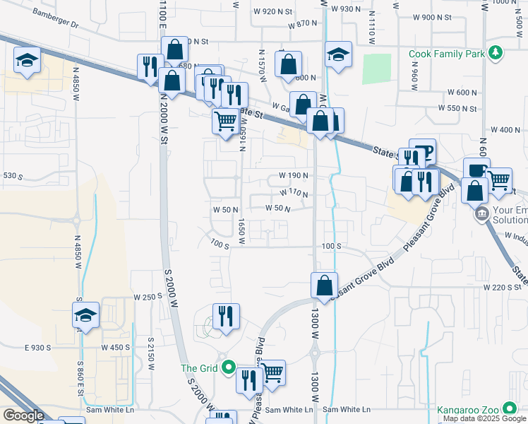 map of restaurants, bars, coffee shops, grocery stores, and more near 1559 West 50 North in Pleasant Grove