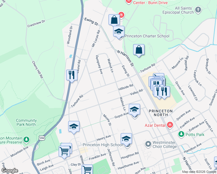 map of restaurants, bars, coffee shops, grocery stores, and more near 169 Terhune Road in Princeton