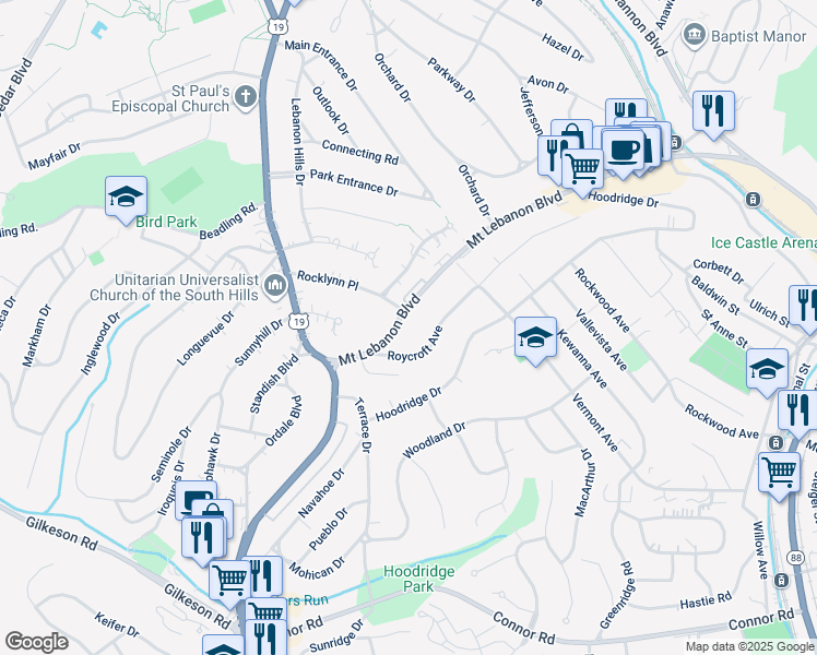 map of restaurants, bars, coffee shops, grocery stores, and more near 79 Mount Lebanon Boulevard in Pittsburgh