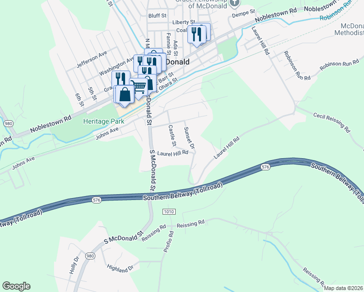 map of restaurants, bars, coffee shops, grocery stores, and more near 12 Castle Street in McDonald