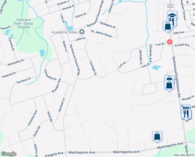 map of restaurants, bars, coffee shops, grocery stores, and more near 9 Carnegie Street in Monroe Township