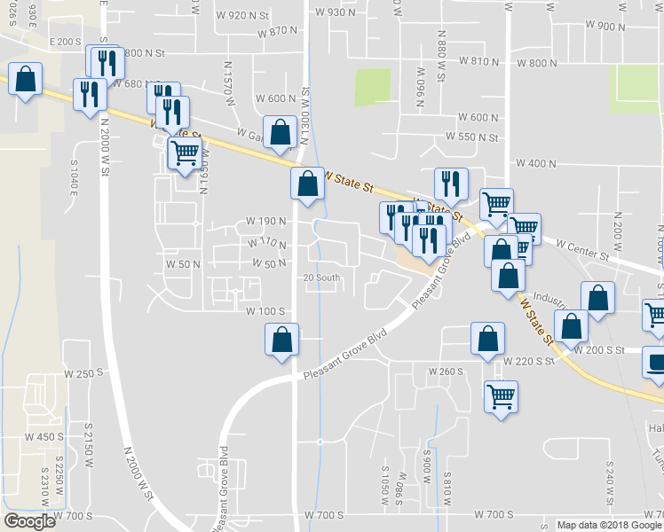 map of restaurants, bars, coffee shops, grocery stores, and more near 1209 West 50 North in Pleasant Grove