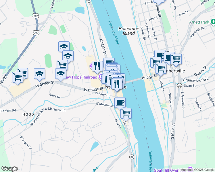map of restaurants, bars, coffee shops, grocery stores, and more near in New Hope
