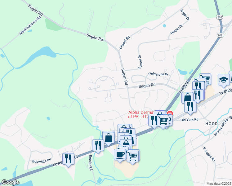 map of restaurants, bars, coffee shops, grocery stores, and more near 911 Adam Court in New Hope