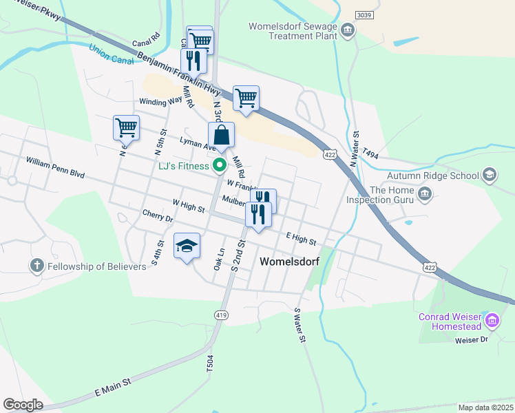 map of restaurants, bars, coffee shops, grocery stores, and more near 29 North 2nd Street in Womelsdorf