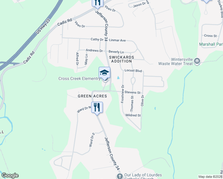 map of restaurants, bars, coffee shops, grocery stores, and more near 648-710 Bantam Ridge Rd in Steubenville