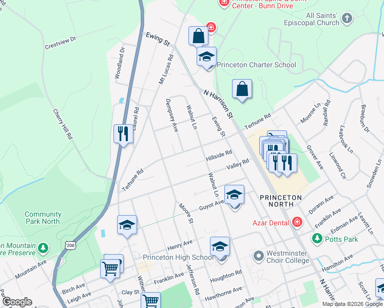 map of restaurants, bars, coffee shops, grocery stores, and more near 194 Terhune Road in Princeton