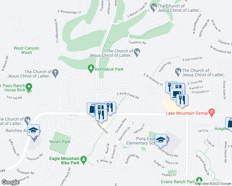 map of restaurants, bars, coffee shops, grocery stores, and more near 3635 Clear Rock Road in Eagle Mountain