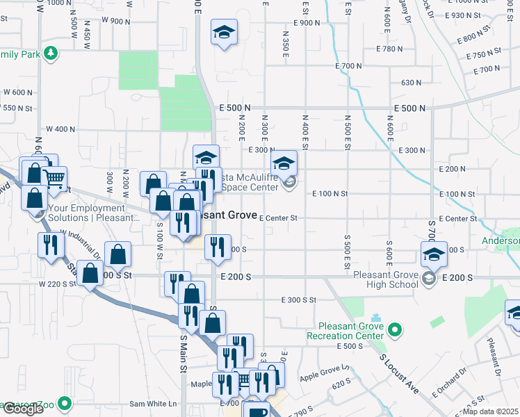 map of restaurants, bars, coffee shops, grocery stores, and more near 90 North 200 East in Pleasant Grove