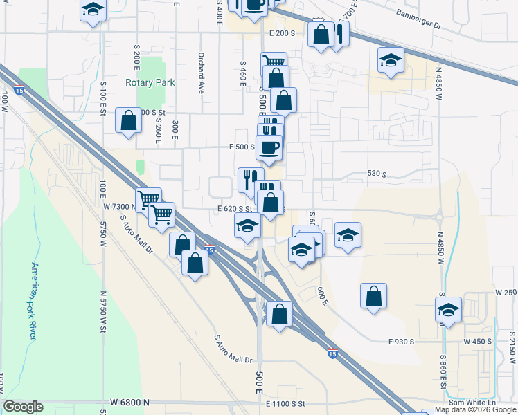 map of restaurants, bars, coffee shops, grocery stores, and more near 576 South 500 East in American Fork
