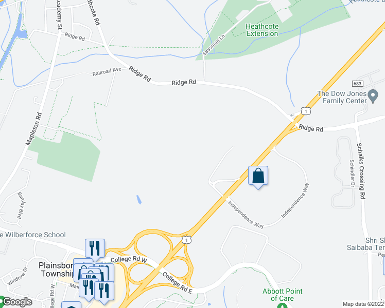 map of restaurants, bars, coffee shops, grocery stores, and more near Independence Way in Princeton