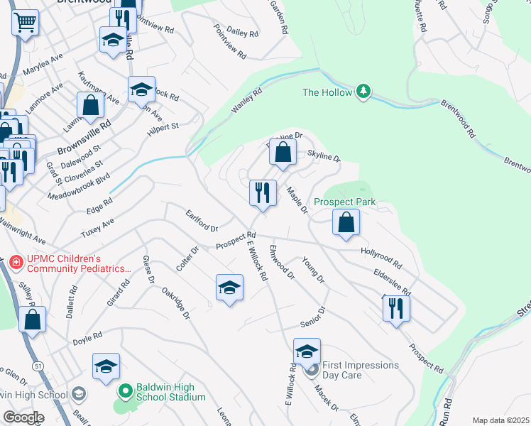 map of restaurants, bars, coffee shops, grocery stores, and more near 1550 Radford Road in Pittsburgh
