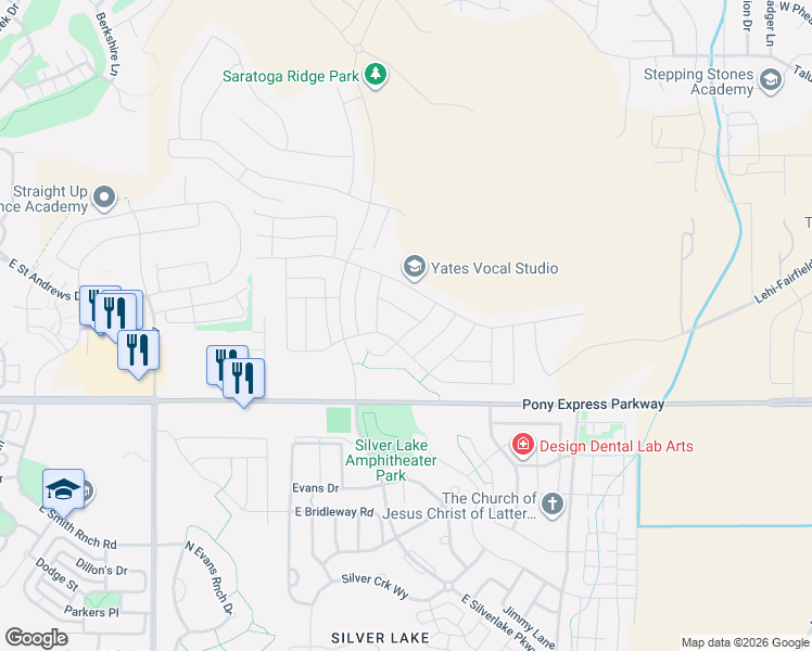 map of restaurants, bars, coffee shops, grocery stores, and more near 131 North Desert Sage Drive in Eagle Mountain