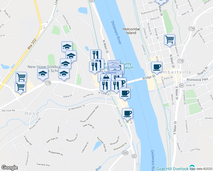 map of restaurants, bars, coffee shops, grocery stores, and more near 1430 Stockton Avenue in New Hope