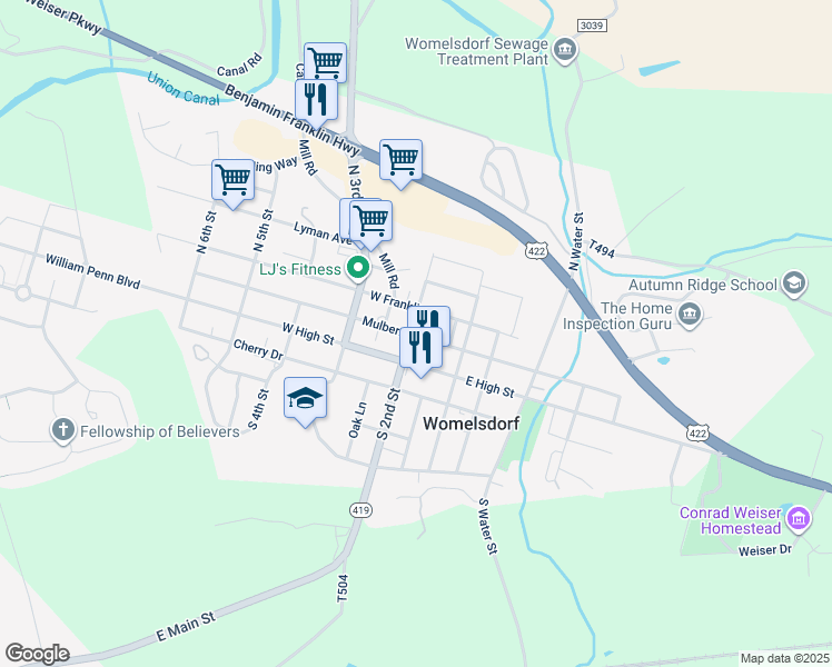 map of restaurants, bars, coffee shops, grocery stores, and more near 29 North 2nd Street in Womelsdorf