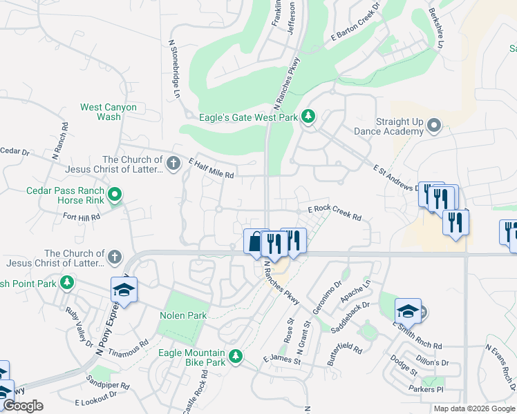 map of restaurants, bars, coffee shops, grocery stores, and more near 3543 Ranches Parkway in Eagle Mountain
