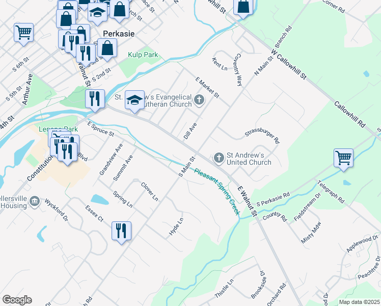 map of restaurants, bars, coffee shops, grocery stores, and more near 433 East Walnut Street in Perkasie
