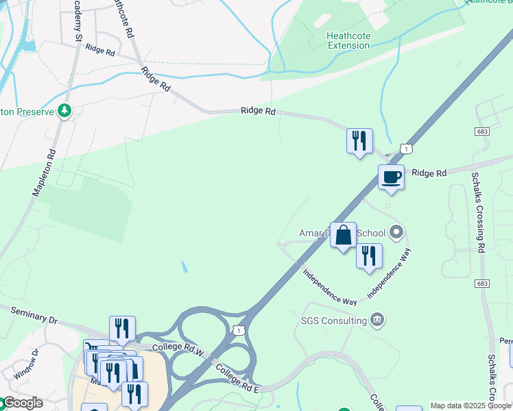 map of restaurants, bars, coffee shops, grocery stores, and more near Independence Way in Princeton
