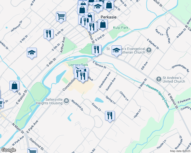 map of restaurants, bars, coffee shops, grocery stores, and more near 326 Pin Oak Lane in Perkasie