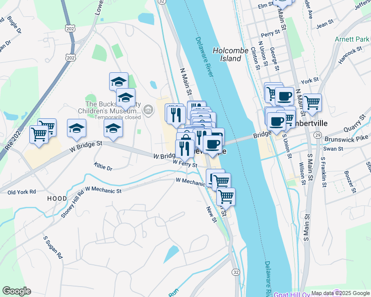 map of restaurants, bars, coffee shops, grocery stores, and more near 1430 Stockton Avenue in New Hope