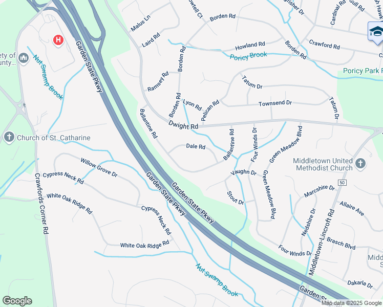 map of restaurants, bars, coffee shops, grocery stores, and more near 50 Dale Road in Middletown Township