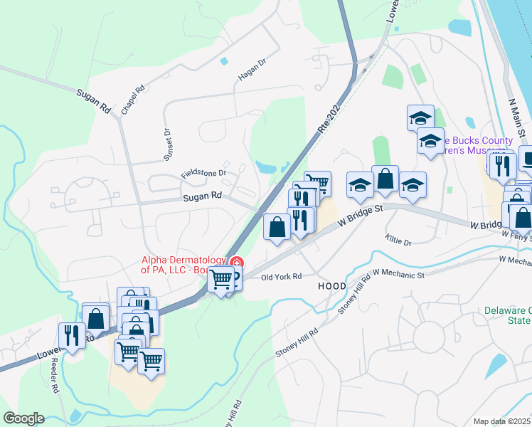 map of restaurants, bars, coffee shops, grocery stores, and more near 39 North Sugan Road in New Hope
