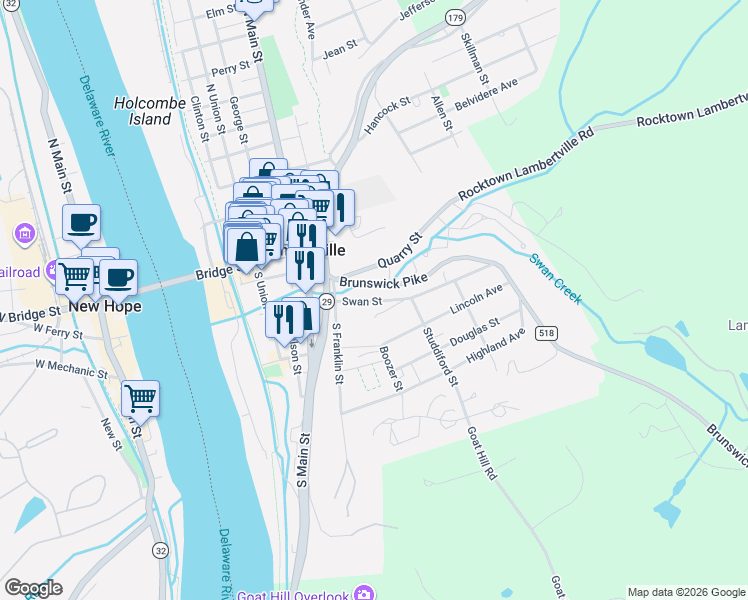 map of restaurants, bars, coffee shops, grocery stores, and more near 43 Brunswick Avenue in Lambertville