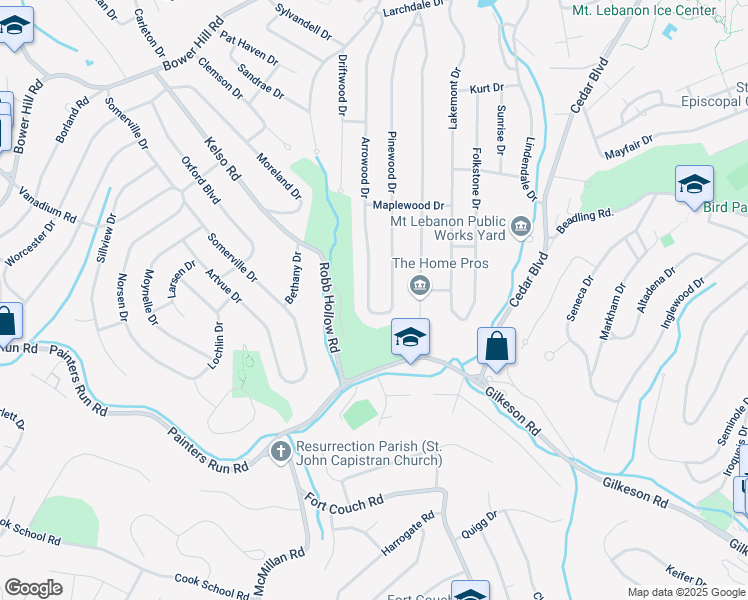 map of restaurants, bars, coffee shops, grocery stores, and more near 1323 Arrowood Drive in Pittsburgh