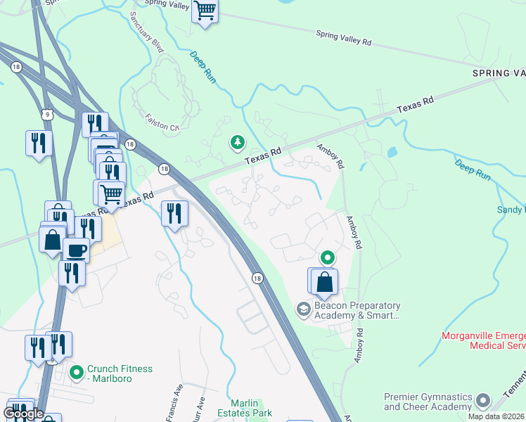 map of restaurants, bars, coffee shops, grocery stores, and more near 529 Manchester Place in Marlboro
