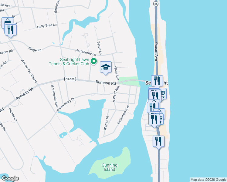 map of restaurants, bars, coffee shops, grocery stores, and more near 31 Rumson Road in Rumson